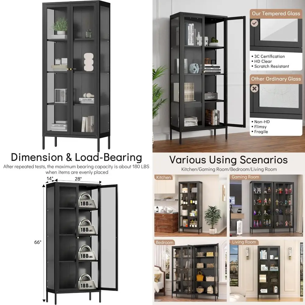 

Black 66-inch Tall Glass Curio Cabinet for Collectibles and Figurines Display