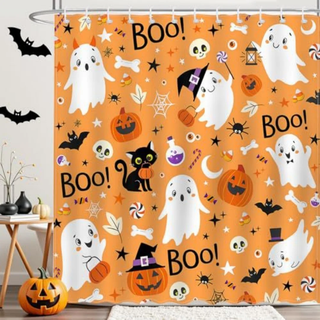 1PC Halloween Shower Curtain Cute Cartoon Ghost Curtain, Quick-dry Durable Waterproof Bath Curtain for Halloween Decor, 12 Hooks