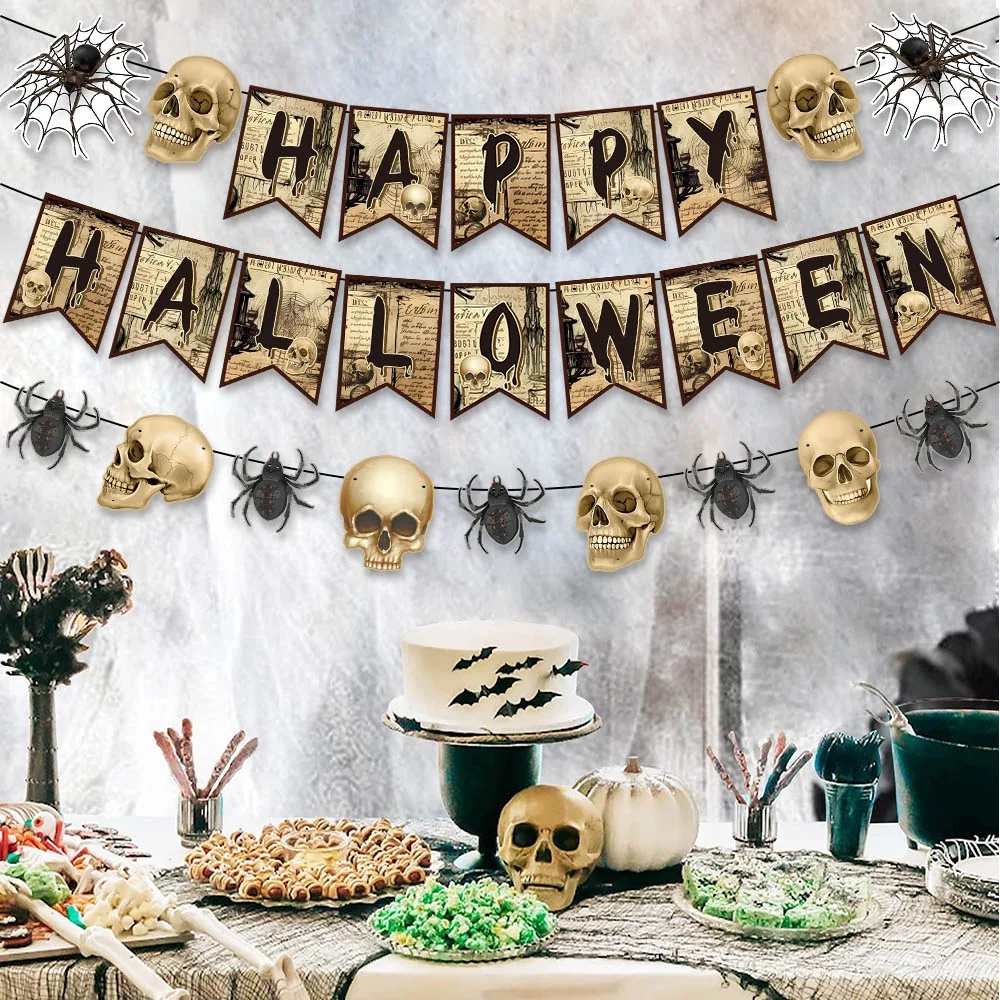 Happy Halloween Party Banner Spider Skull Hanging Swirl Pendant Garland 2024 Halloween Horror Decoration haunted House props