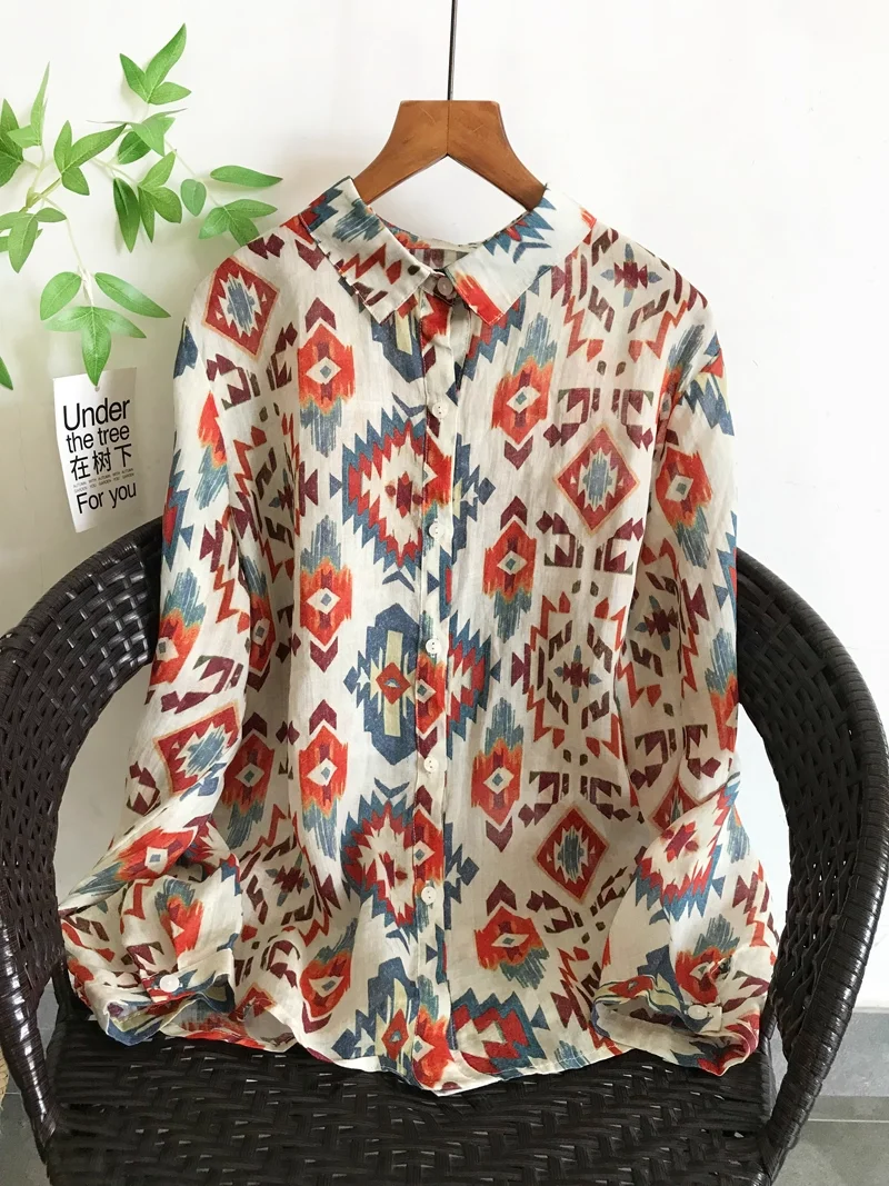 

Fall clothes 100% ramie linen ethnic geometric pattern shirts and blouses for women autumn spring boho long sleeve tops