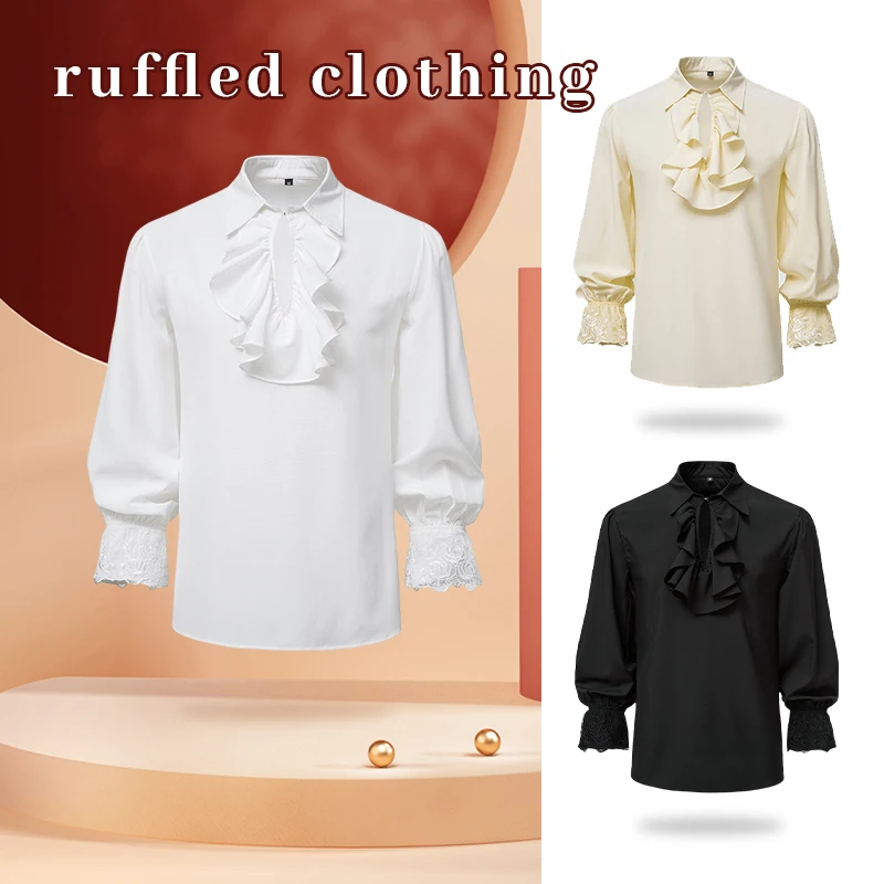 Men Pirate Shirts Vampire Prince Poet Shirts Medieval Renaissance Ruffle Tops Lace Up Vintage Gothic Viking Blouse Tops Cosplay