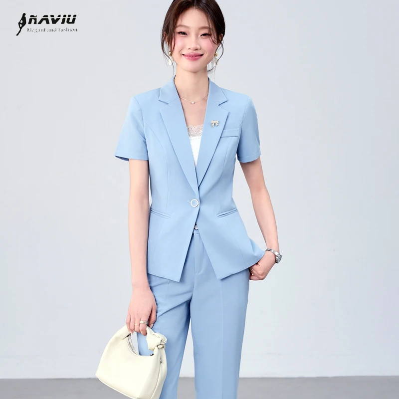 

NAVIU Elegant Commuter Blue Blazer Pants Set Women 2 Piece Matching Sets Summer 2026 Jacket Trousers Suit Office Work Wear