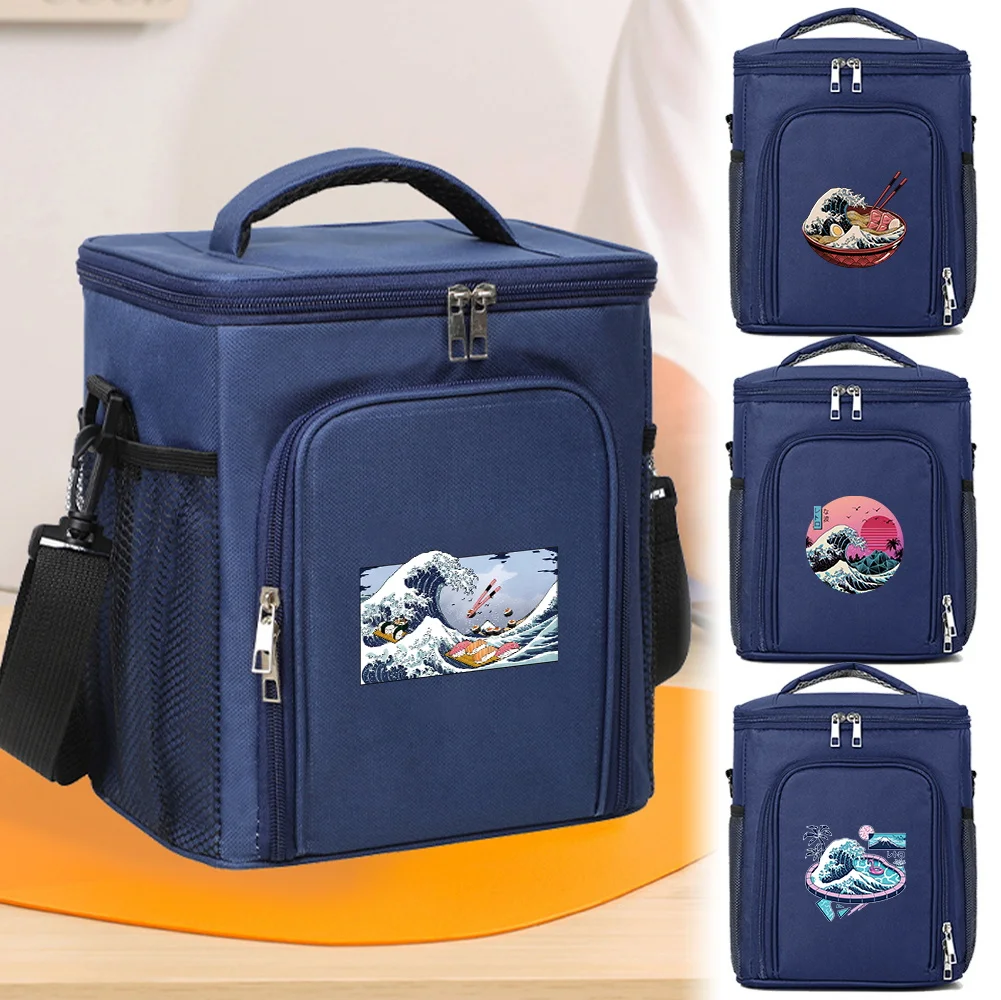 

Термосумка-холодильник для напитков и еды с волнообразным принтом, темно-синяя, для кемпинга и пикников, органайзер, прочная и простая в использовании
