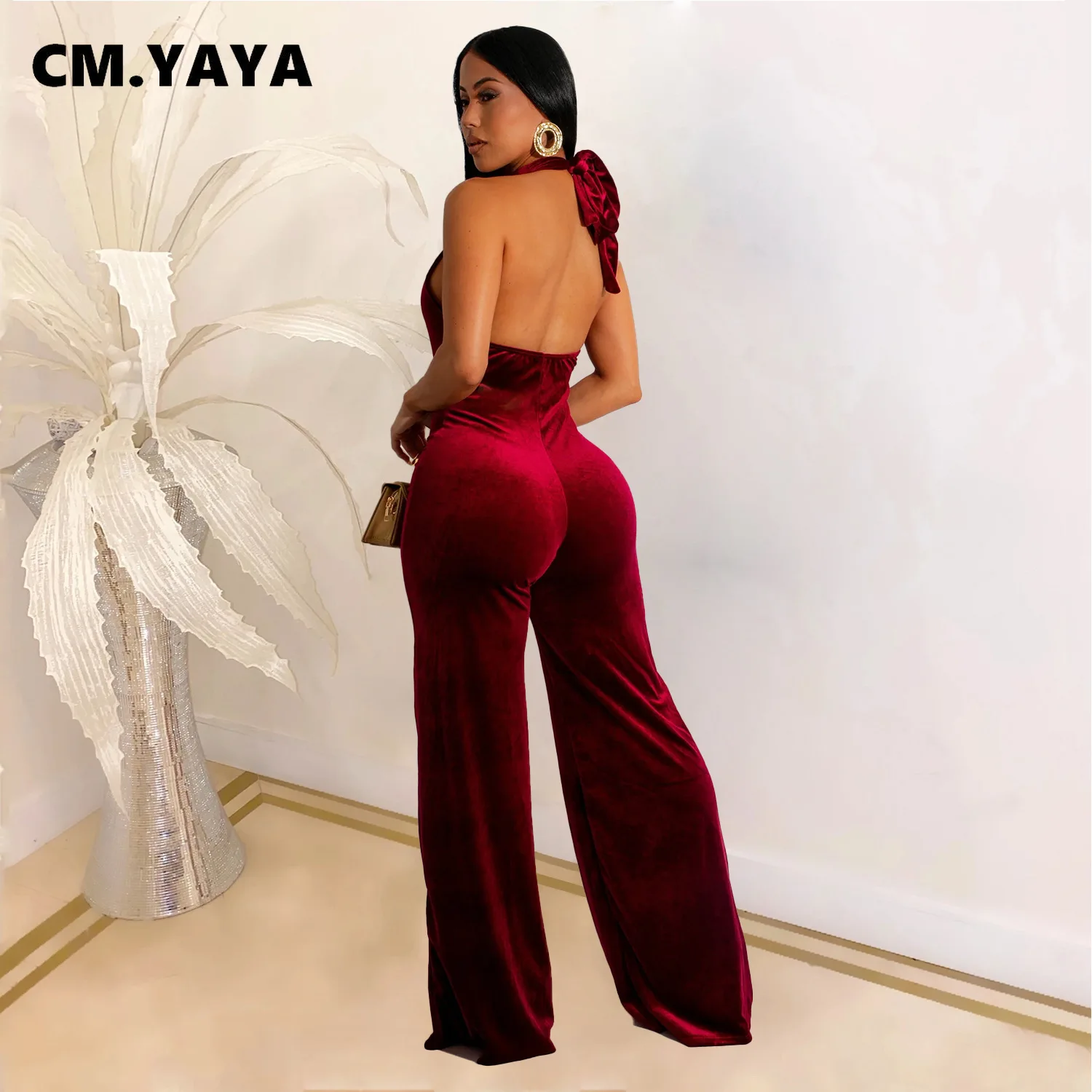 CM.YAYA 2024 Autumn Women V-neck Halter Jumpsuits Wedding Velvet Evening Backless Romper Night Club Party Sleeveless One Piece