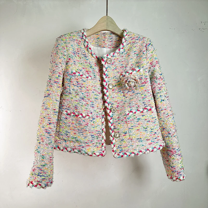 

French Small Fragrant New Colour Weave Tweed Jacket Coat Autumn Women O Neck Rose Floral Deco Single Breasted Wool Short Outwear