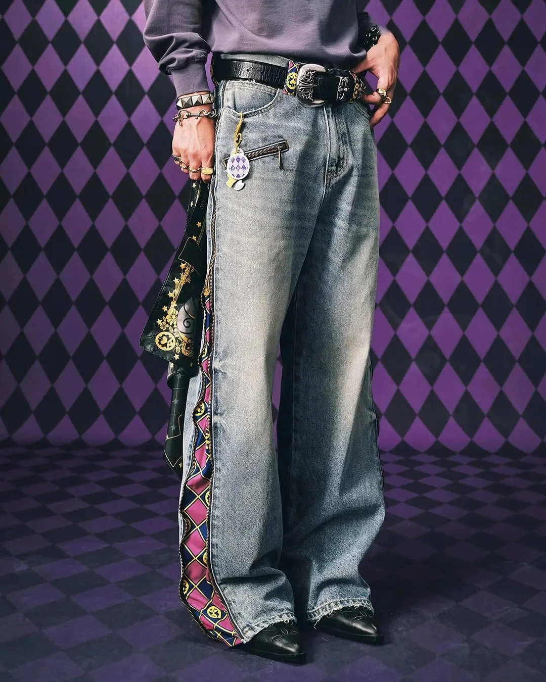 JoJo Anime Zip Off Panel Jeans Men/ Women High Waist Wide Leg Detachable Print Denim Pants Purple Gold Patchwork Straight Jeans