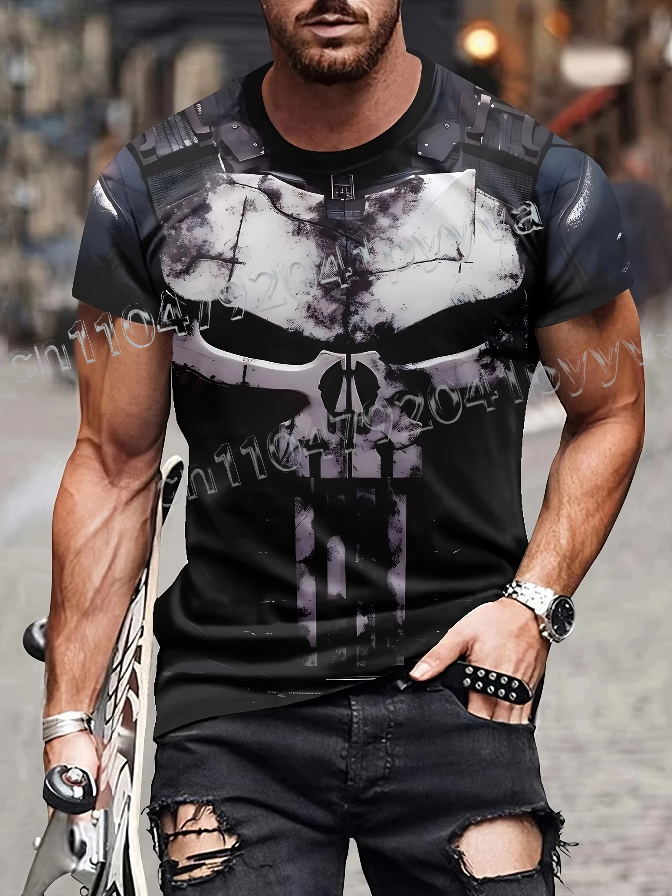 

Marvel Men's Casual Round Neck T-shirt Marvel Animated Printed T-shirt Skeleton Punisher Quick Drying Sports Short Sleeved Shirt