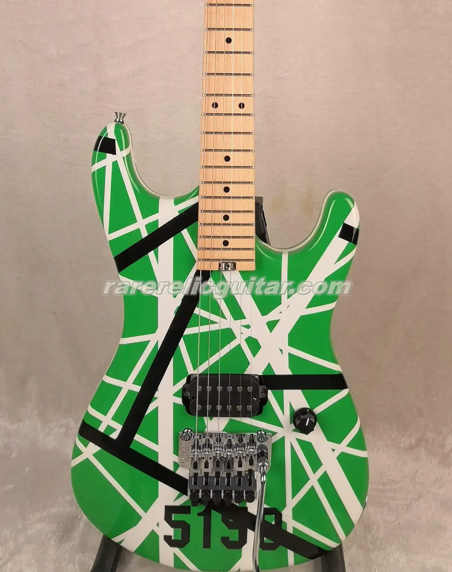 

In Stock Eddie Edward Van Halen 5150 White Black Stripes Green Electric Guitar Floyd Rose Tremolo Bridge Locking Nut Whammy Bar