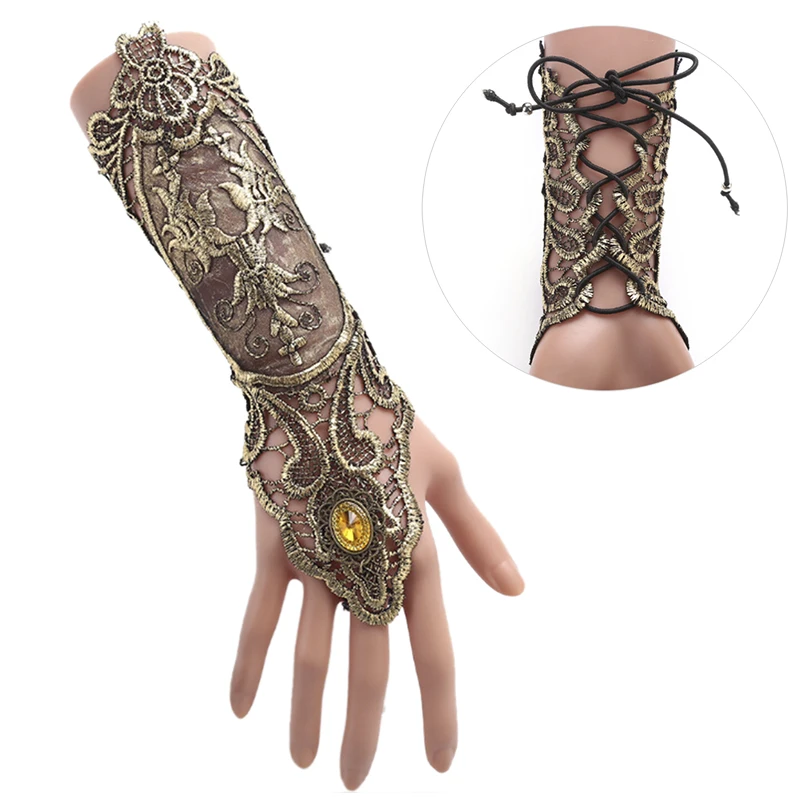 Luva sem dedos Gothic Steampunk Lace, Arm Warmer, Pulseira, Preto e Dourado