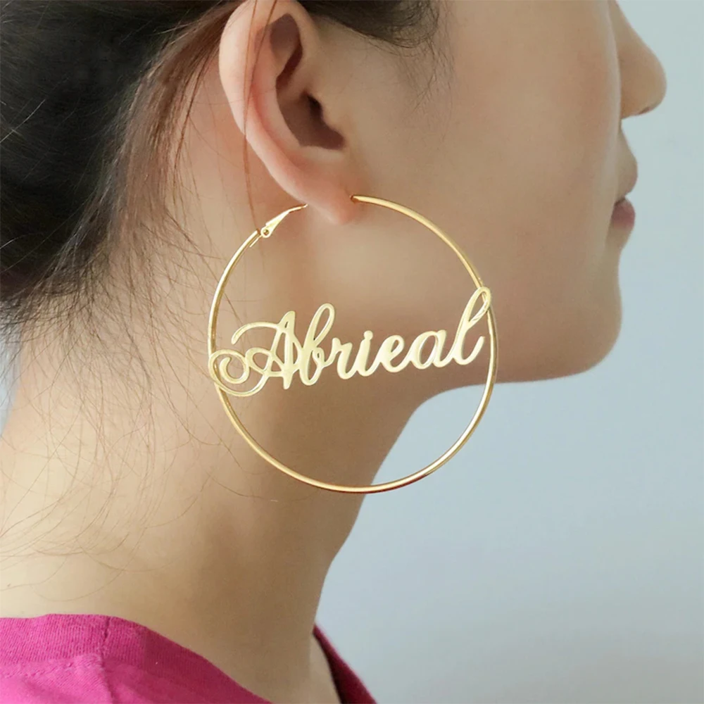 Pendientes de aro con nombre personalizado, 7 cm, acero inoxidable, nombre personalizado en letra cursiva, hipoalergénicos, joyería con fuente personalizada, regalo para mujer