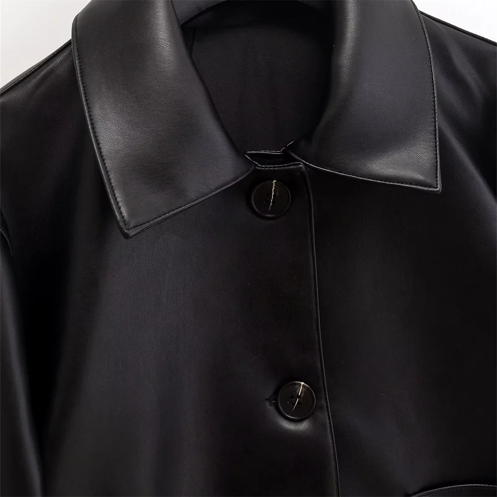 PB&ZA2024 Autumn New Women\'s Fashion Style Casual Versatile Solid Color Single breasted Collar Leather Jacket