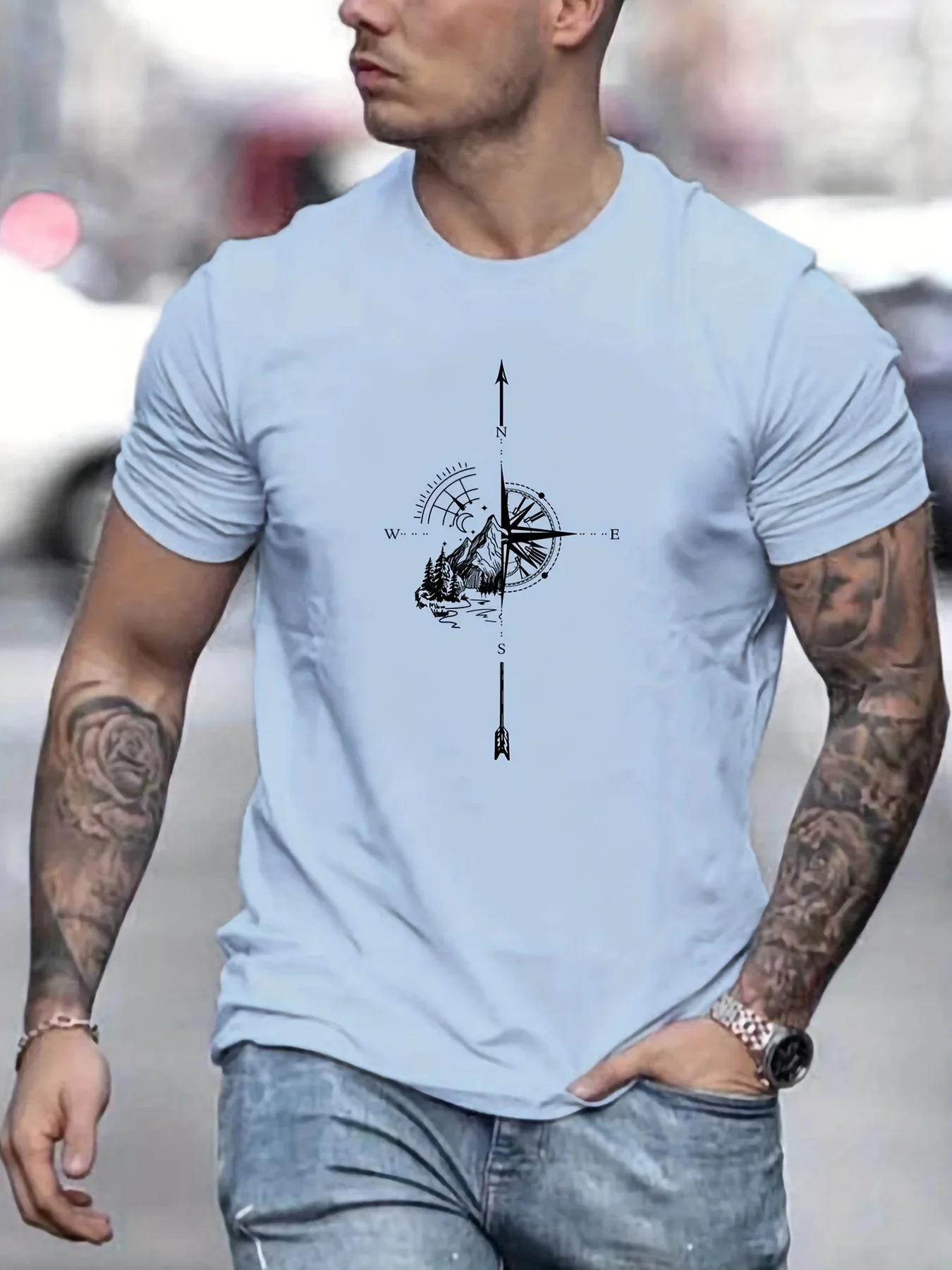 

Men's Summer Casual Loose Size 100% Cotton Mountain Compass Pattern Print Round Neck Short Sleeve T-shirt Topy2k shirt