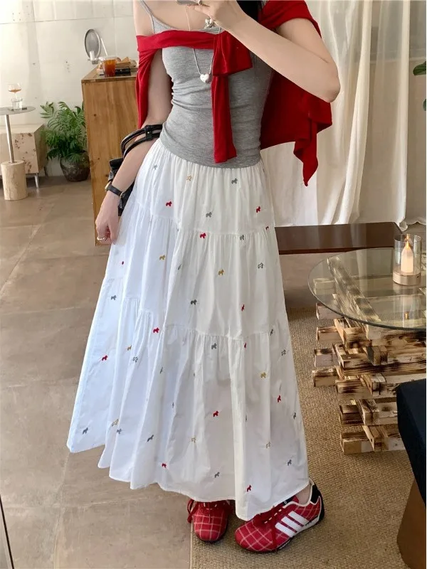 

Sweet Heavy Embroidery A-Line Midi Skirt Loose Fit High Waist Slimming Design Summer New Style plus Size Women's Skirts