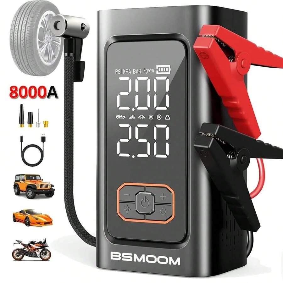 

8000A Car Starter With Air Compressor Cordless Tire Inflator Pump, Battery Booster With Power Bank Pack and LED Flashlights, 12