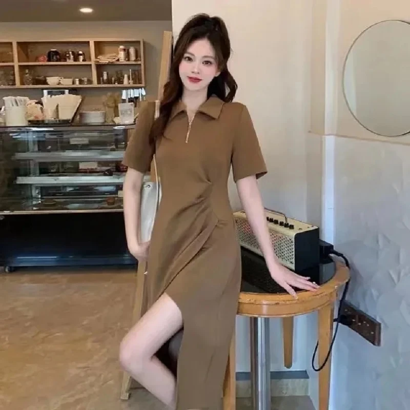 Fashion Oversized Dresses for Women 2024 Summer New Casual Small Sexy Dress Fat mm Small Crowd Waist Slim Polo Neck Dress