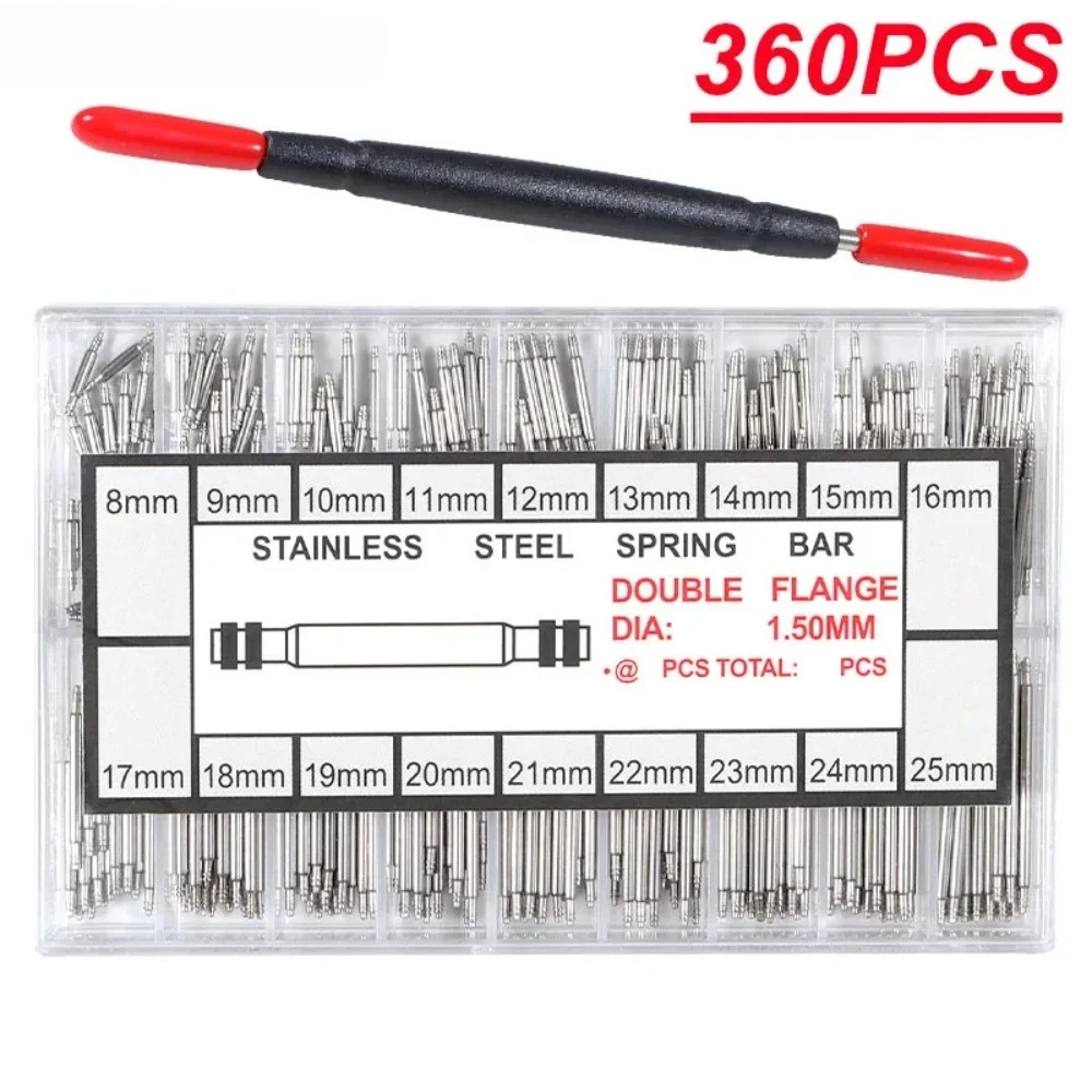 360 stks/set Dia 1.5mm/1.8mm Strainless Steel Spring Bars Lengte 8mm-25mm Horlogeband Strap Metal Link Pin Horloge Reparatie Tools Pin