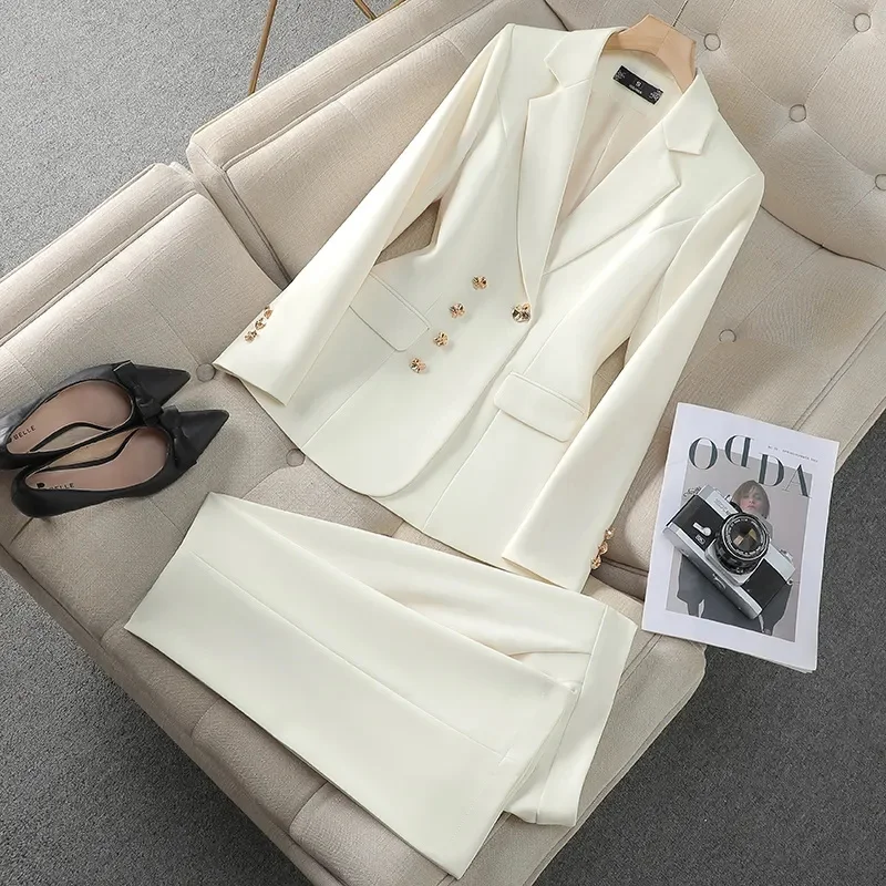 

Women Fashion Double Breasted Slim Fit Lapel Suit Jacket Trousers 2 Piece Set Spring Autumn New Elegant Ladies Blazer Office Set