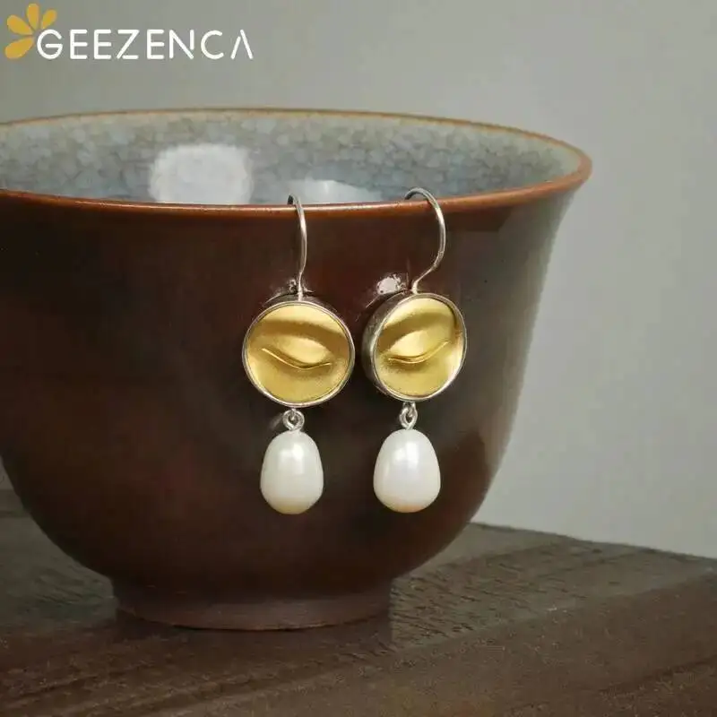 GEEZENCA 925 Silver Two Tone Natural Pearl Dangle Earrings for Women Buddha Statues Bodhisattva Eye Unique Chic Earring New Gift