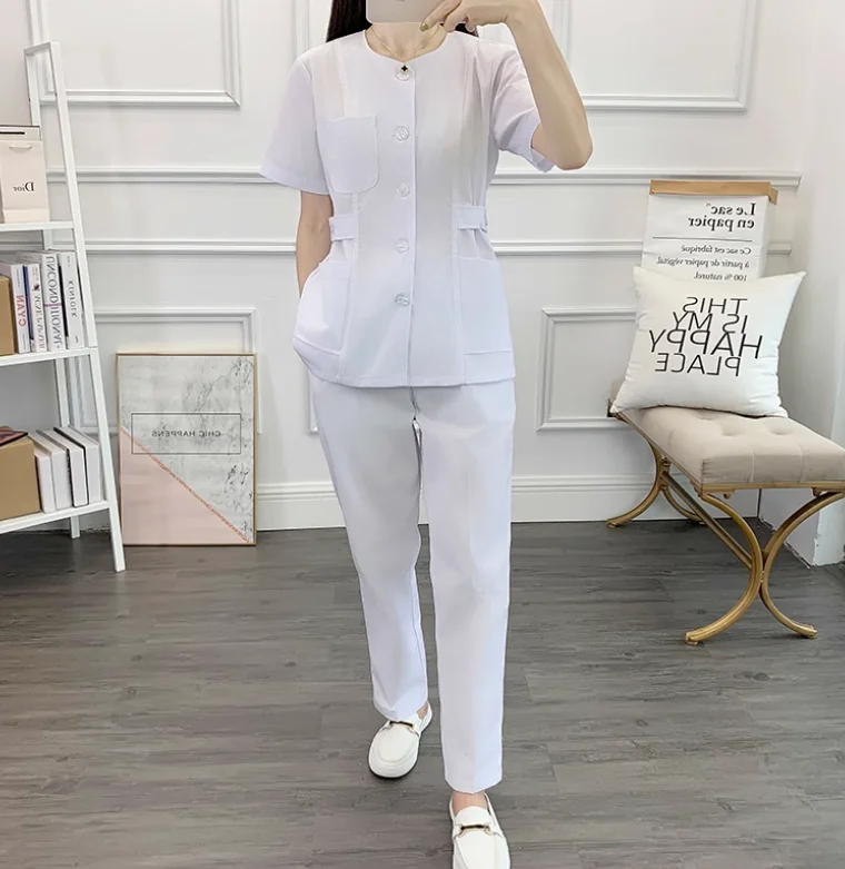 Women's Thin Short Sleeved Summer Nursing Gown Oral and Dental Collarless Beauty Salon Workwear Set