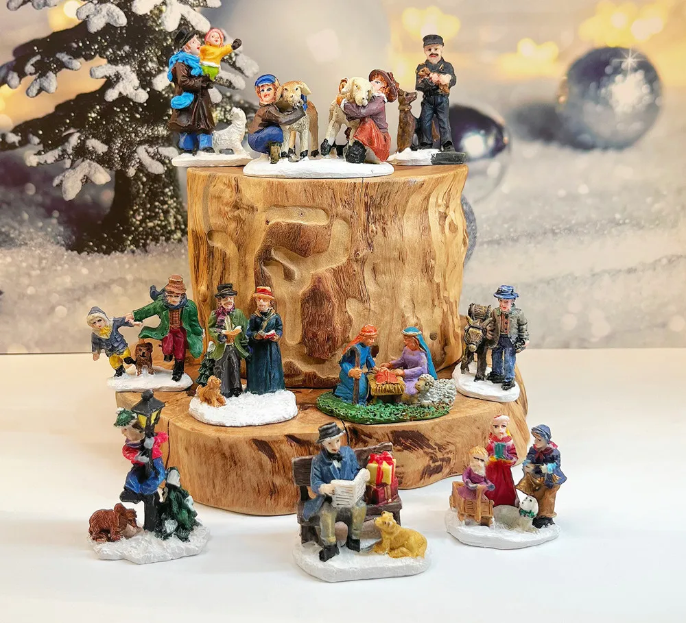 Victorian Winter Christmas Village Resin Mini Figurine, Holiday Scene Desktop Ornament, Gift & Collectible