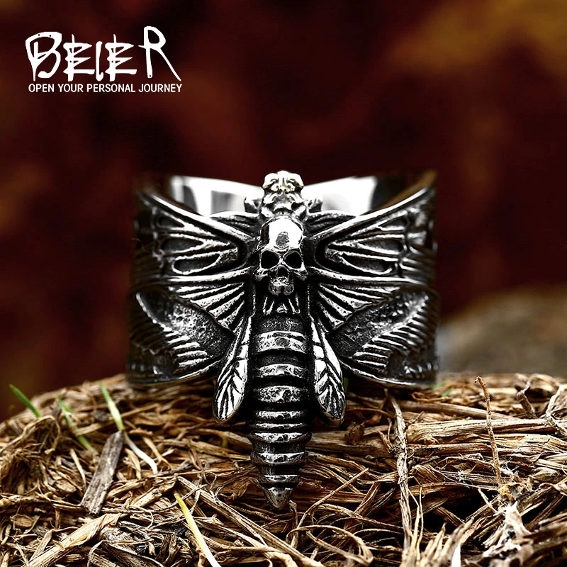 Beier 2022 Creative Designs 316L Stainless Steel Vintage Acherontia Lachesis Ring Skull Moth Personality Punk Jewelry For Men