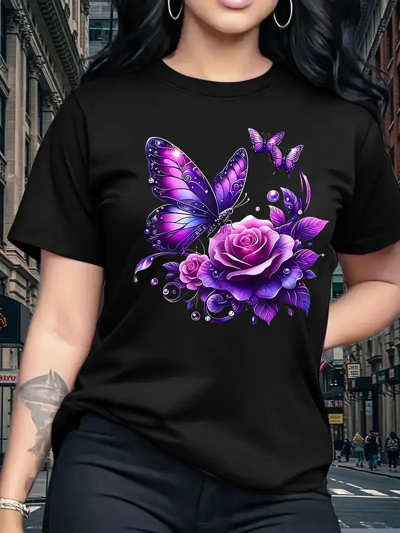 Women's Rose Butterfly Print Fashion Casual T-Shirt Short Sleeve Crew Neck Top Ideal Birthday or Holiday Gift for Outdoor Sports