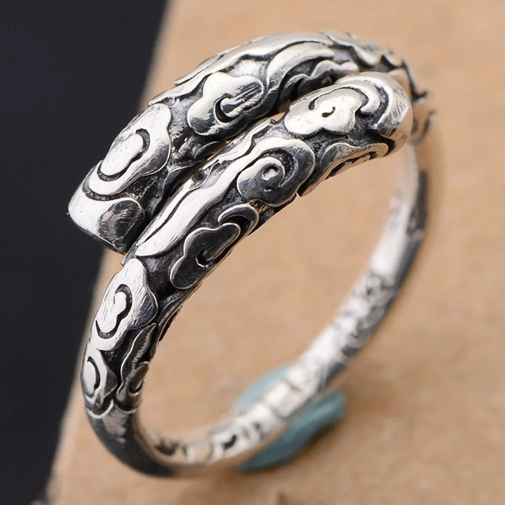 

Real Pure 990 Fine Silver Band Men Women Gift Lucky Carved Cloud Open Ring 7.3g