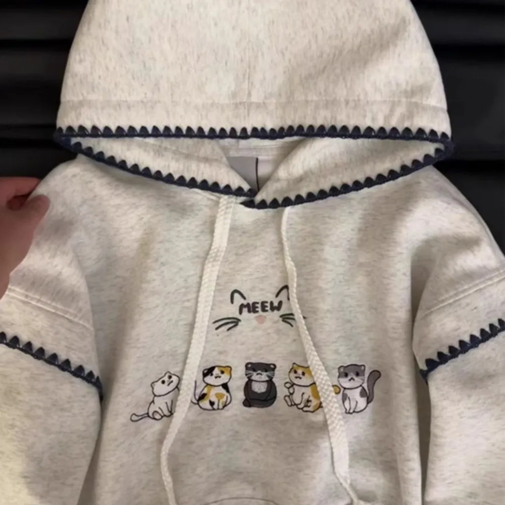 High Quality Cute Cats Embroidery Sweatshirt Hoodies Sweet College Girls Long Sleeve Pullover Korean Y2K Cartoon Oversized Tops