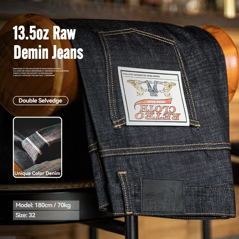 Maden Vintage 13.5oz Heavyweight Colored Selvedge Raw Denim Jeans Cotton Straight Denim Pants Men's Blue Zipper Fly Trousers - Męskie spodnie jeansowe z bawełny, ciężkie, z nieprzetkanej tkaniny selvedge, w kolorze niebieskim, z zamkiem błyskawicznym.