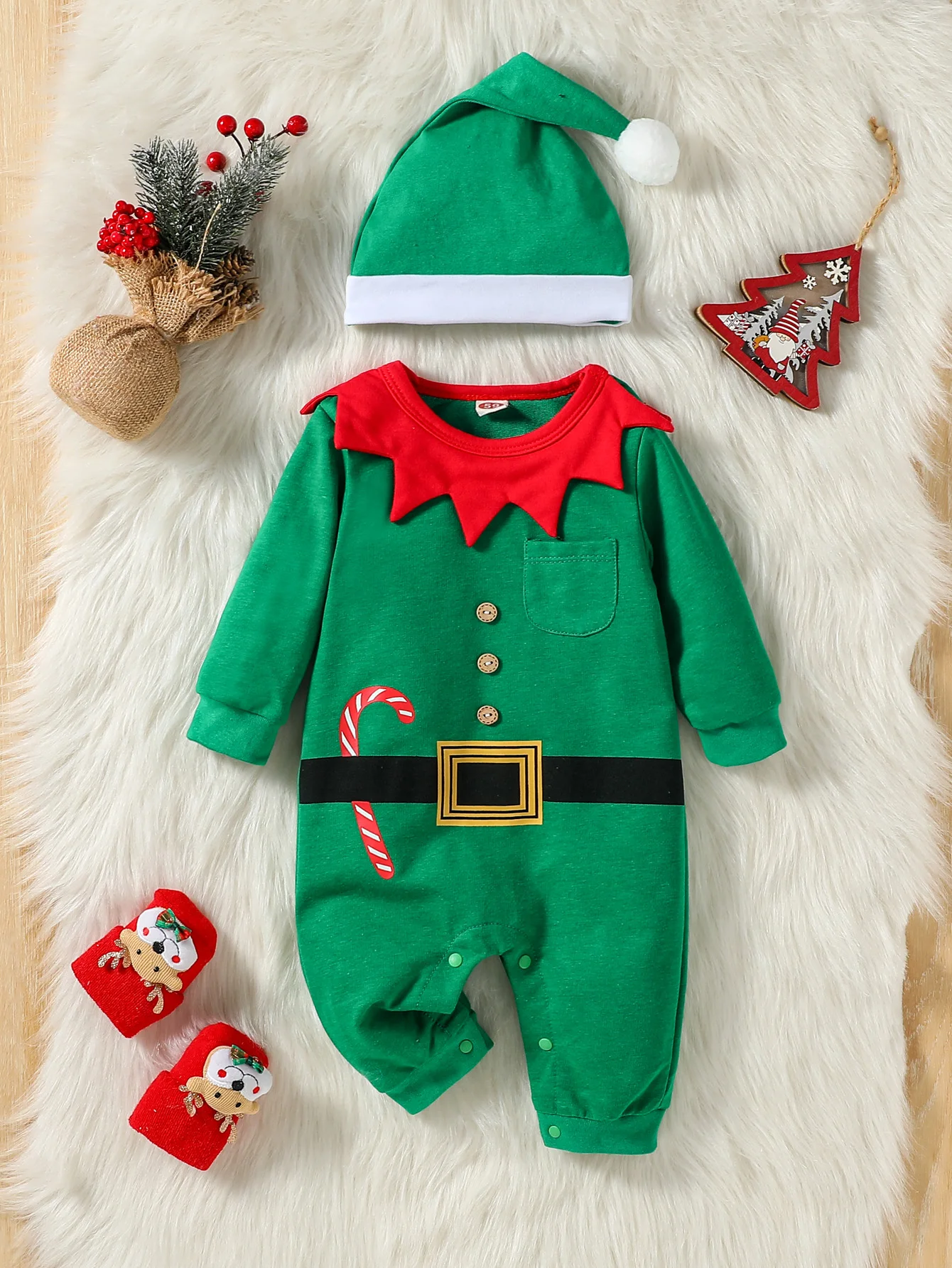 2Pcs 2024 Baby unisex Autumn Long Sleeve Green With Pocket For Christmas Day Jumpsuit  +Hat