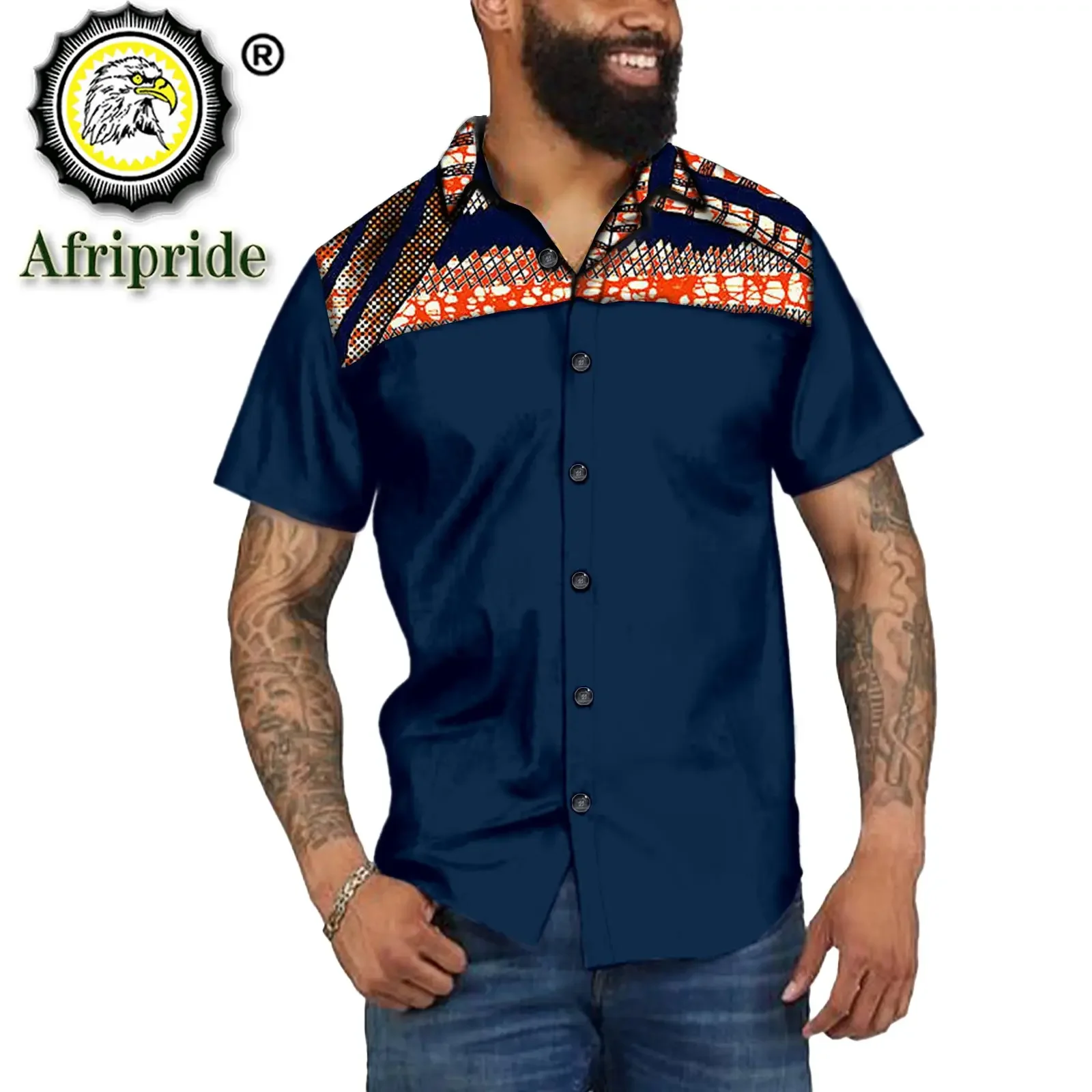 Bazin Riche African Shirts for Men Short Sleeve Dashiki Printed Single-Breasted Blouse Gentlemen Work Business Shirts  S2112006