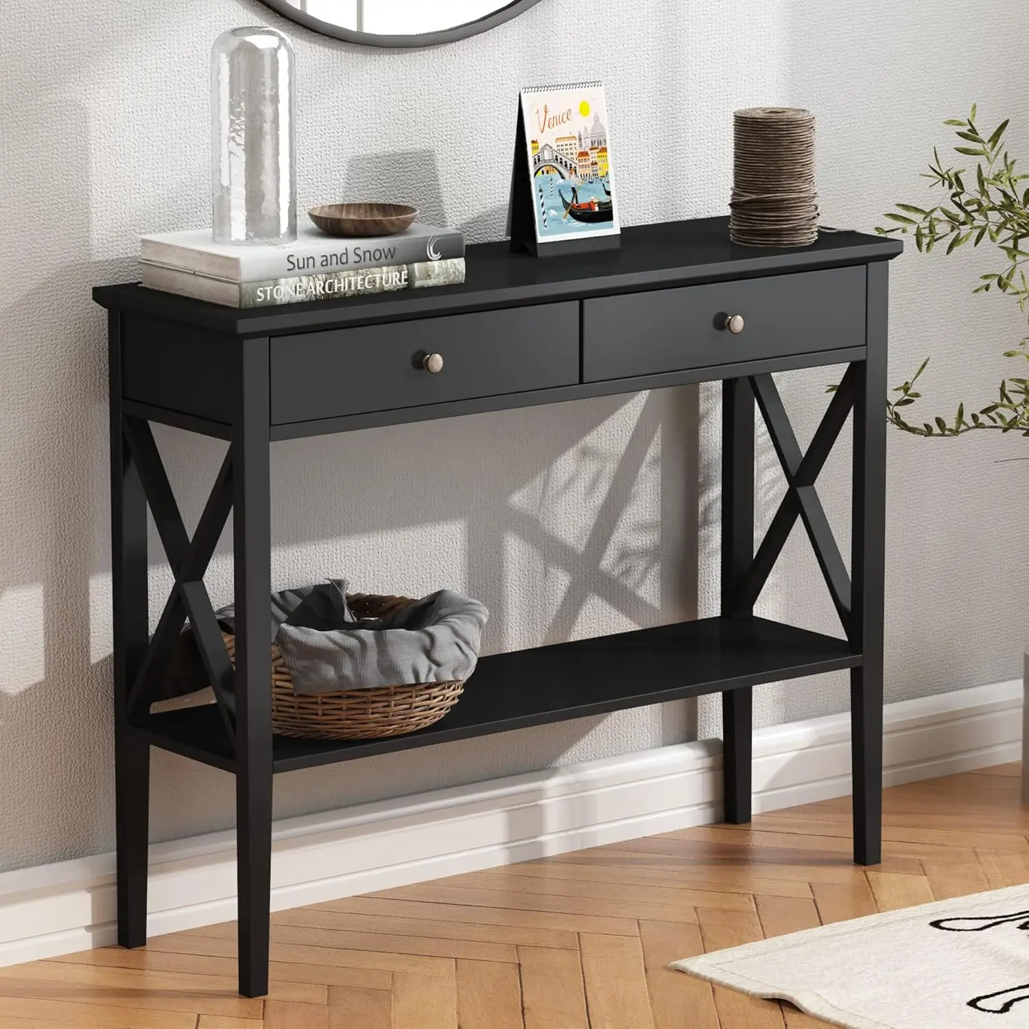 Console Table with Drawers, Narrow Wood Accent Sofa Table Entryway Table with Storage Shelf for Entryway, Front Hall, Hallway