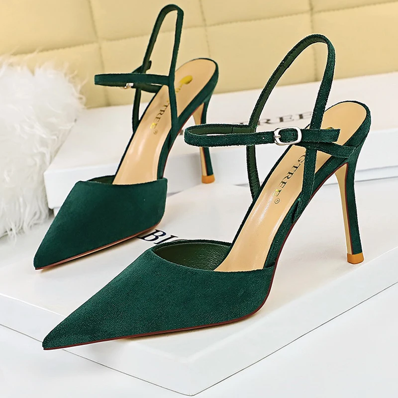 BIGTREE Shoes Suede Women Sandals Pointed Toe High Heels Women Shoes Summer Hollow Out High-heeled Sandals Buckle Stiletto Pumps