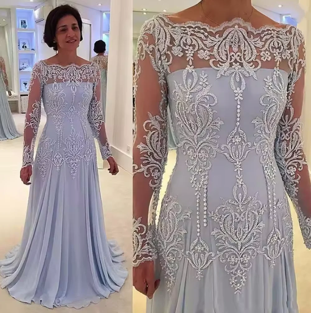 Plus Size Kleider für die Brautmutter, A-Linie, lange Ärmel, Chiffon, Spitze, Perlen, lange Kleider für die Brautmutter für Hochzeiten