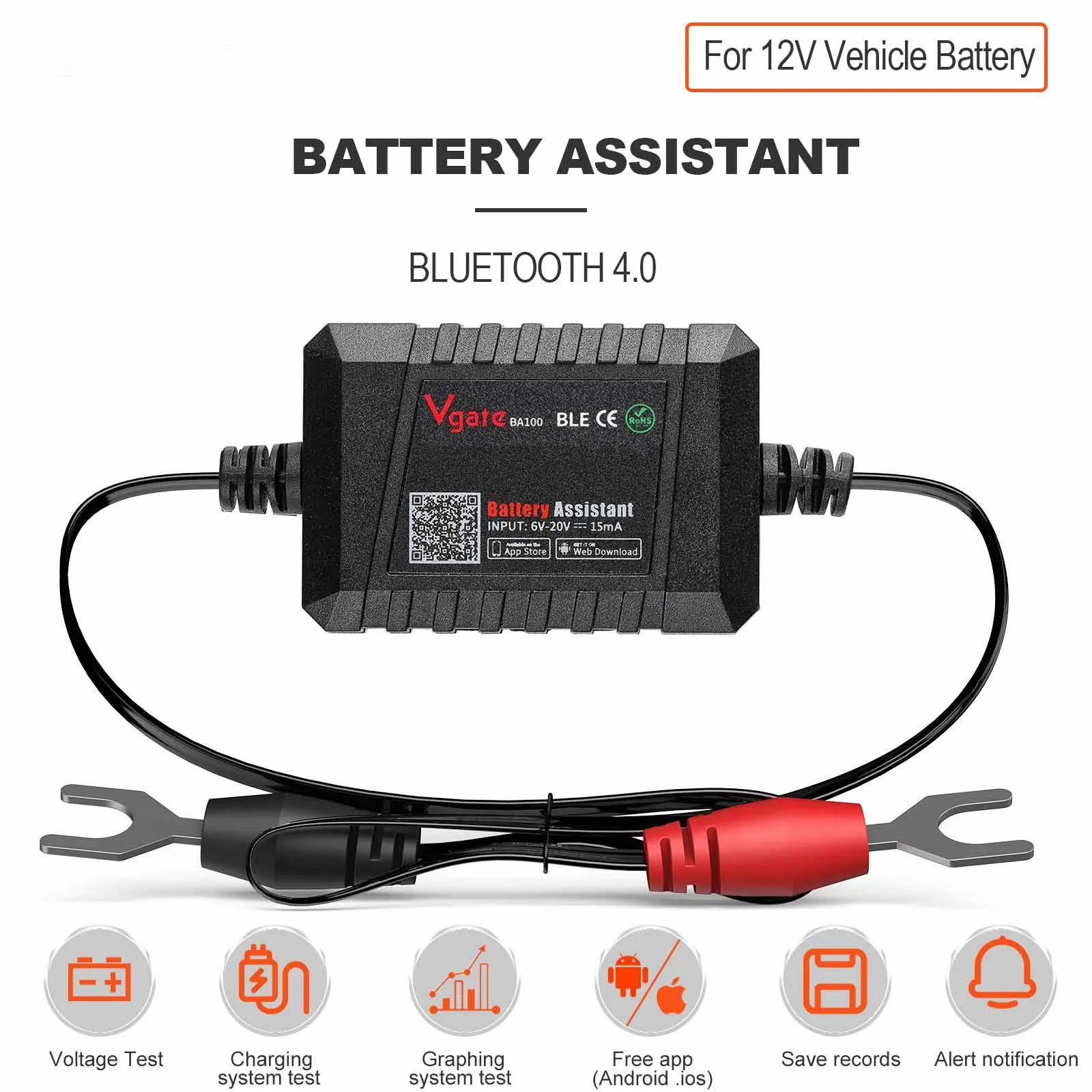 Newest Vgate BA100 6~20V Battery Tester Works via Bluetooth 4.0 Phone APP Real-Time Monitoring Voltage&Health Battery Assiantant