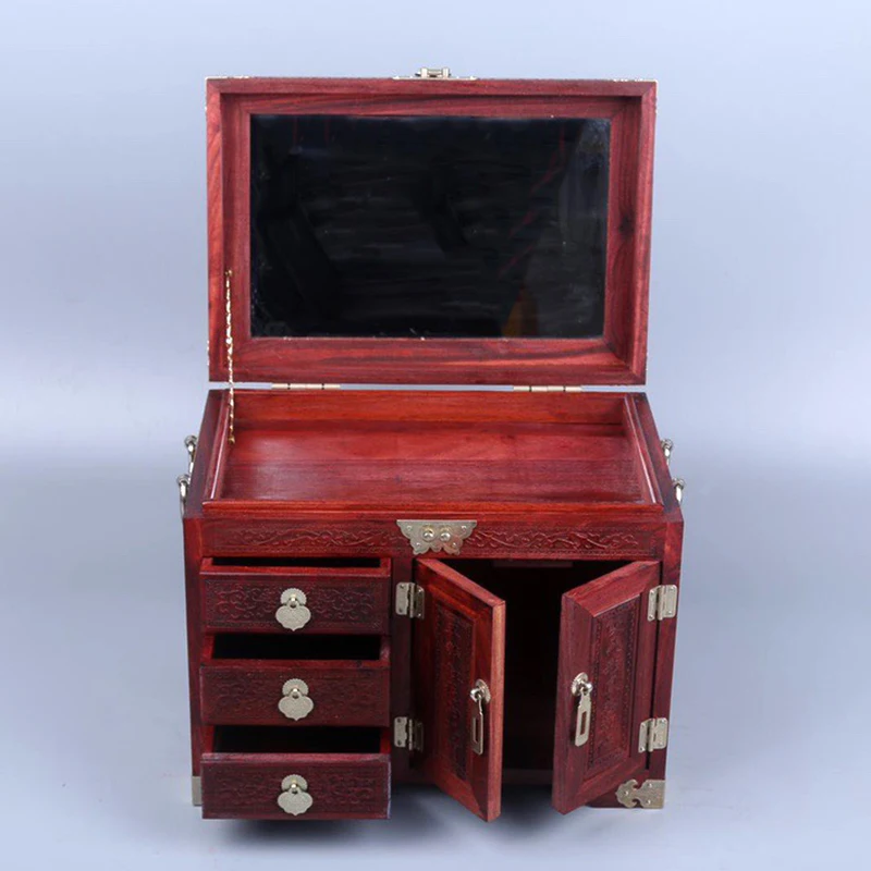 Chinese Style Small Leaf Red Sandalwood Carved Wedding Jewelry Mirror Box Wedding Small Hand Accessories Storage Box Jewelry Box