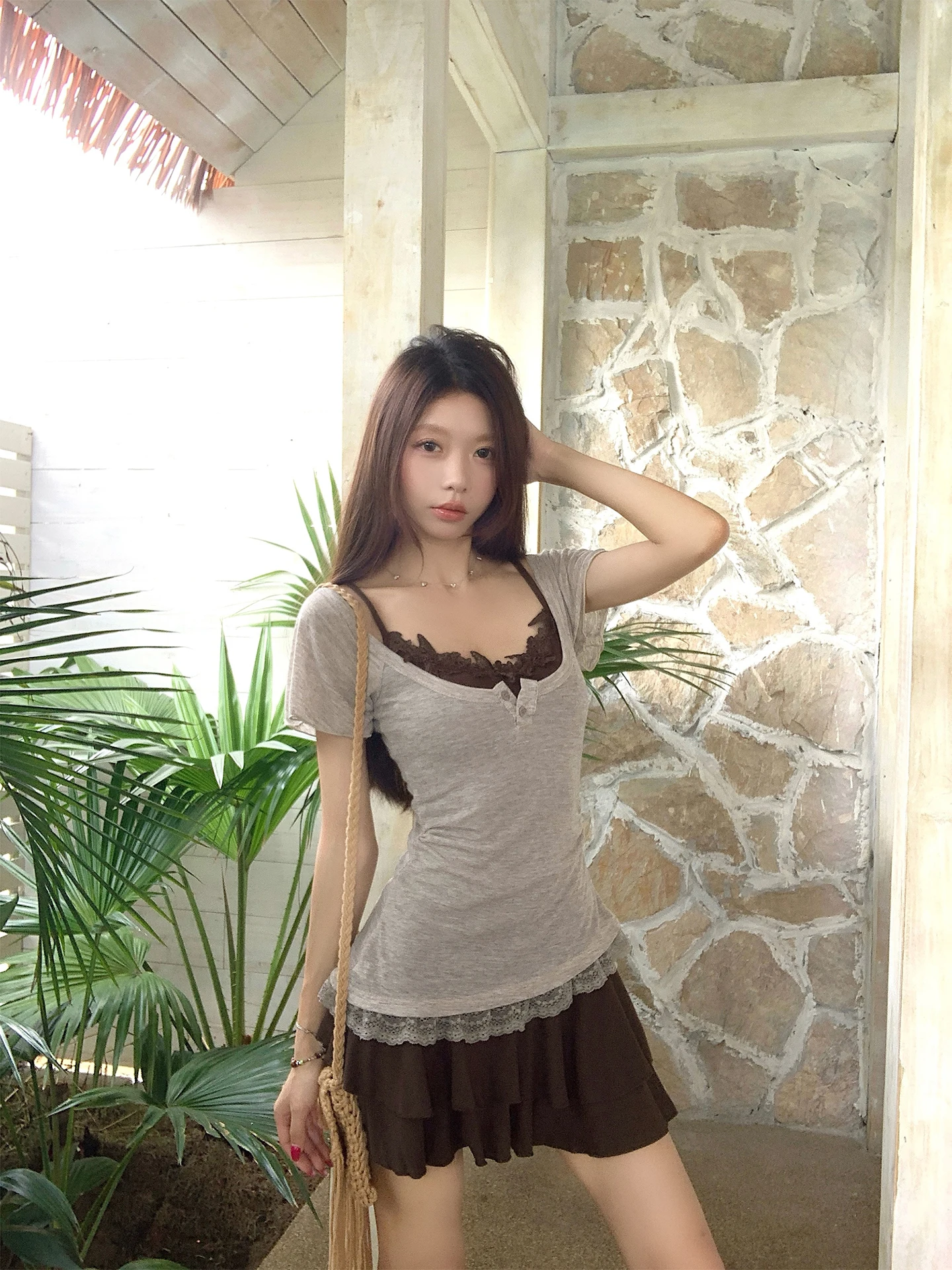 

Kumikumi Pure Desire Summer Set Women's ort Sve T-irt Brown Lace Trim ter Dr Two-Piece Casual Sle round Ne