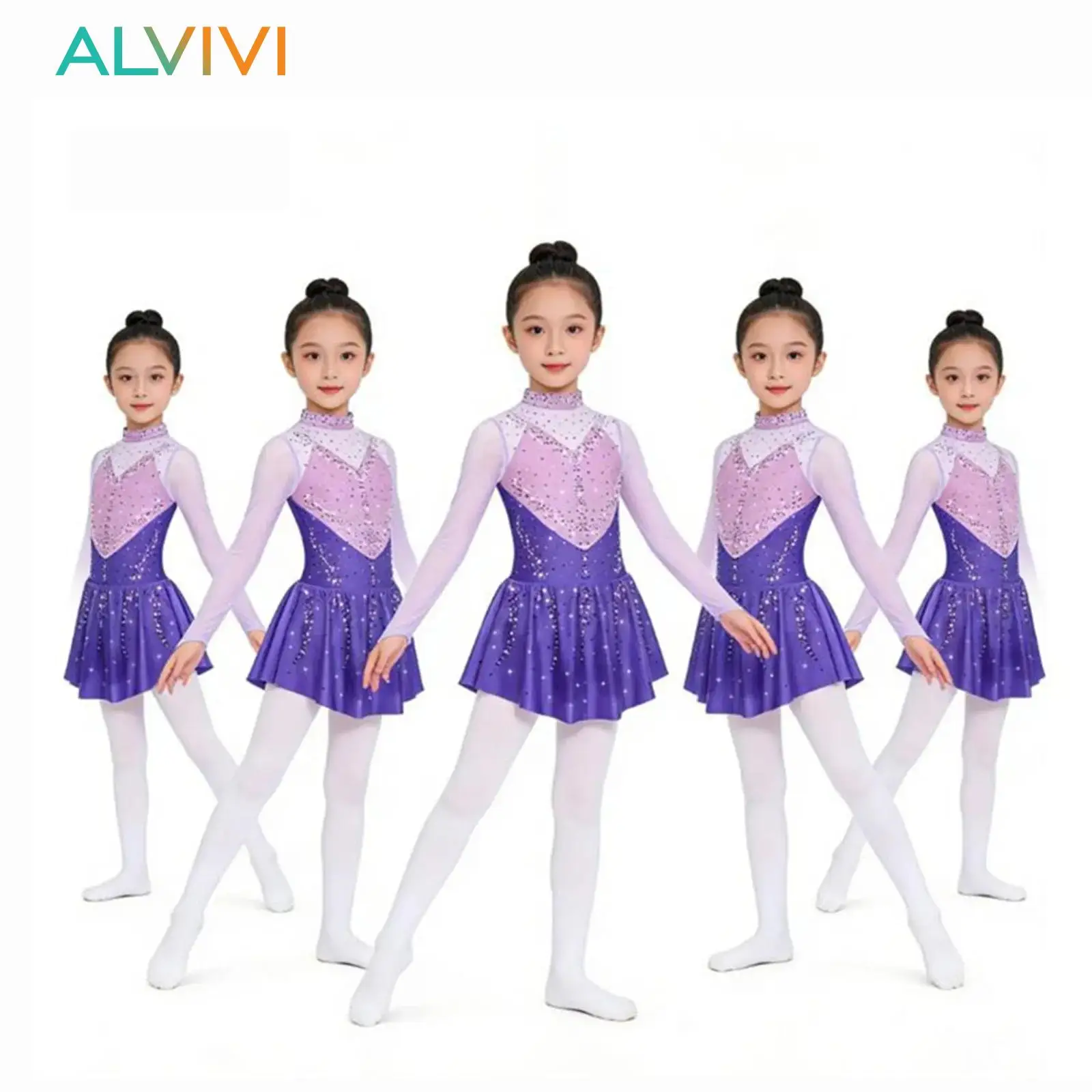 

Kids Girls Shiny Rhinestones Gymnastics Figure Skating Ballet Lyrical Dance Dresses Long Sleeve Sheer Mesh Dance Leotards Dress
