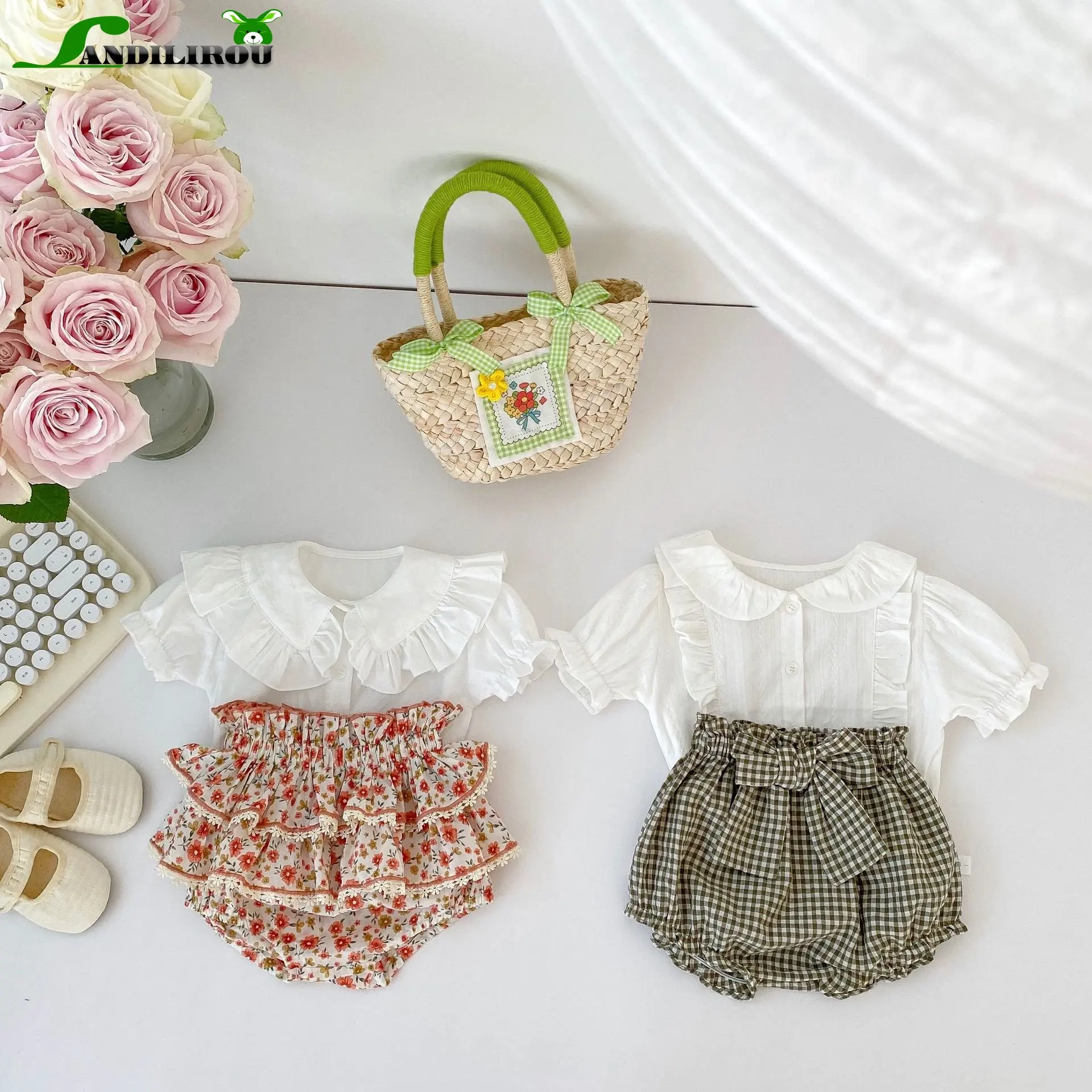 

New White Shirt Newborn Baby Girls Summer Short Sleeve Ruched Peter Pan Collar Top Shirts Bow Plaid Shorts Tiered Kids Clothing