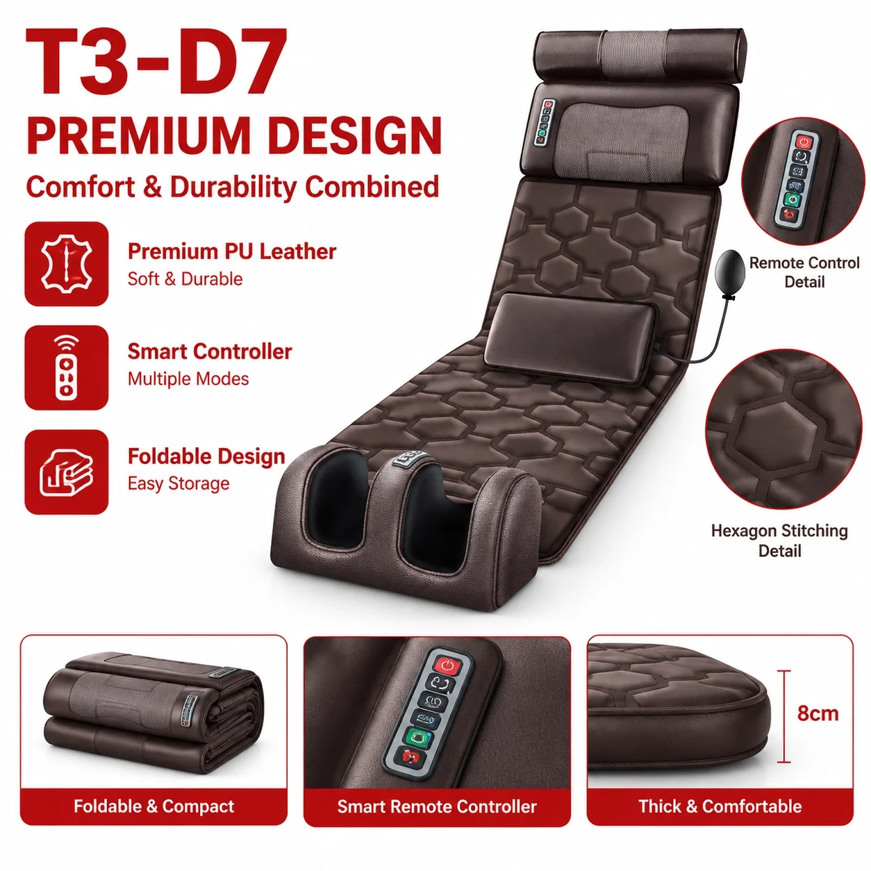 Full Body Massage Mat D7 PU Leather Airbag Kneading Heat & Vibration Massage Pad for Neck Back Waist Hip Leg Handheld Controller