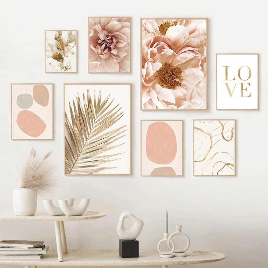 Beautiful Flowers Golden Leaf Line Drawing Love Color Illustration Fashion Wall Art Canvas Painting Nordic Poster Room Decor