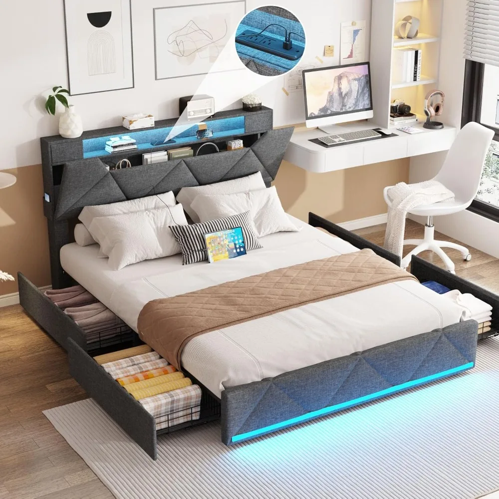 Quadro Cama Queen com Armazenamento Cabeceira e 4 Gavetas, Estação de Carregamento e Luzes LED, Não Molas Necessário, Plataforma Cama Frame