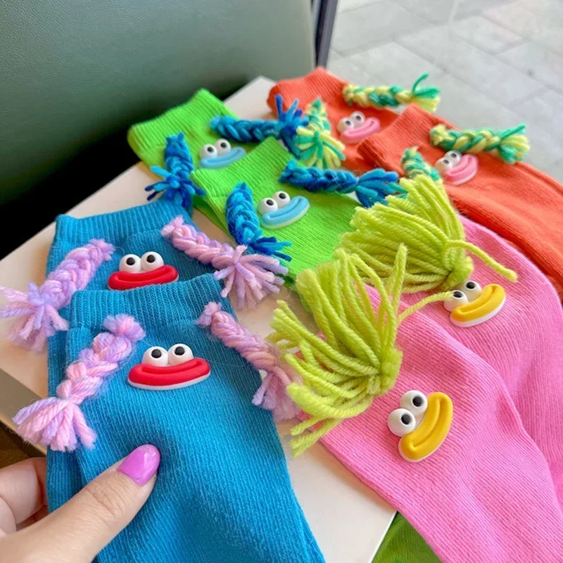 1-10Pairs Novelty Socks Braided Hair Sausage Mouth Funny Ugly Doll Color Block Design Streetwear for Girls Daily Outfit Party