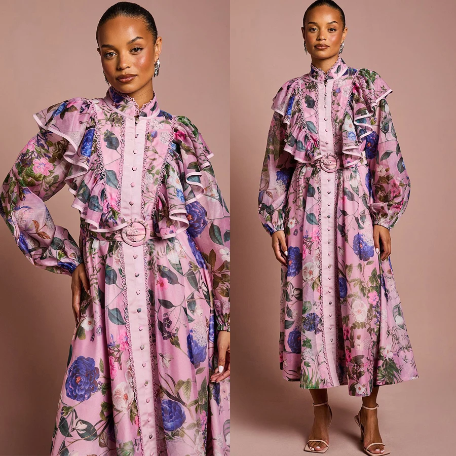 レトロな花柄プリントレースロングドレス、ウエストシェイプベルト付き、レディースストラップガウン、プリンセススタイル、ポリエステル繊維、春シーズン