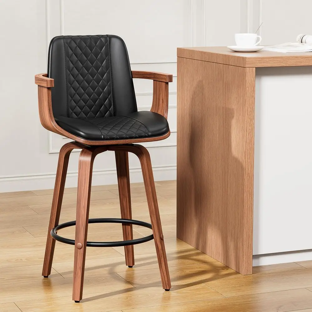 

Bar Stools Set of 1, 26 Bentwood Barstools with Arms, MidCentury Modern Counter Height Swivel Bar Chairs, PU Leather Barstools