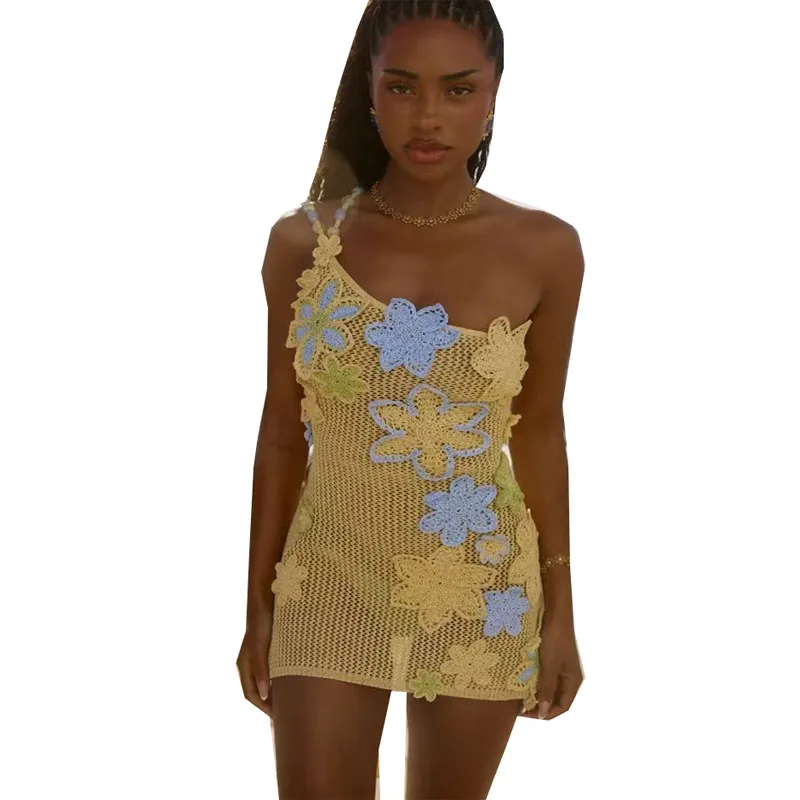 STYLISH LADY ดอกไม้ถักชุดชายหาด 2025 ฤดูร้อนผู้หญิงหนึ่งไหล่ Backless Hollow OUT SWIM Holiday MINI Dresses