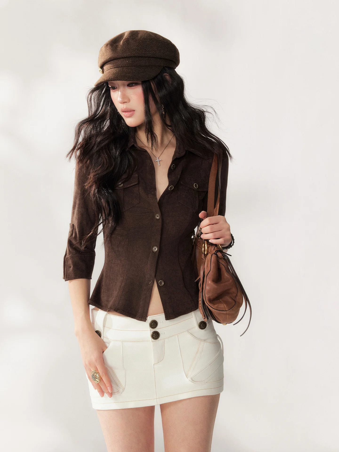 

Retro Brown Suede irt oulder Padded f Sve Women's Spicy Sle Faionable Workwear Top Trendy Fem Clothing