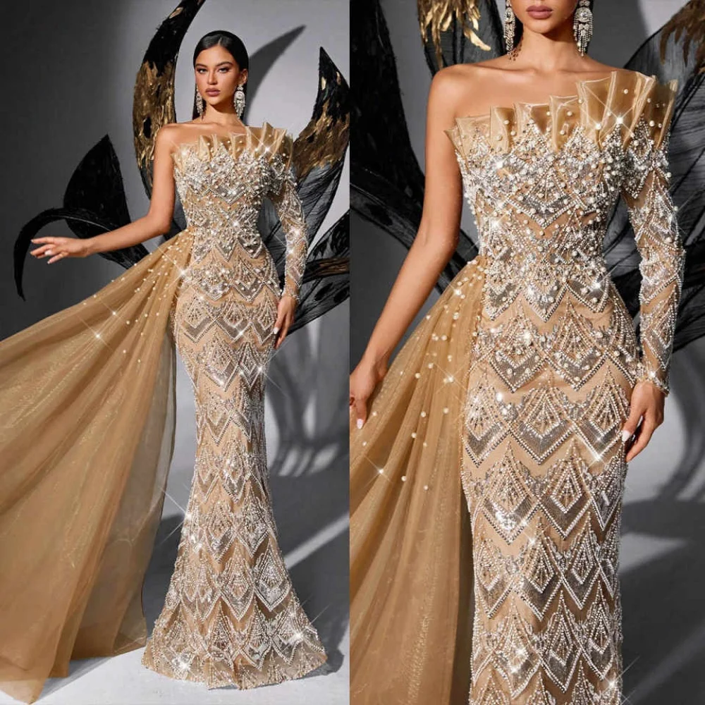 

Shining Evening Dresses Sleeveless Beads Crystal With Detachable Train Prom Dress Robes De Soiree Customized