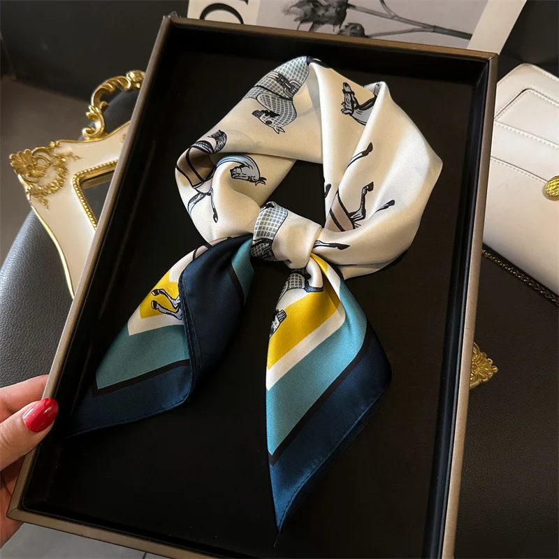 2024 Spring/Summer Breathable Horse Print Neckerchief Fashion 70cm Square Scarf Women’s Temperamental Imitation Silk Bandannas