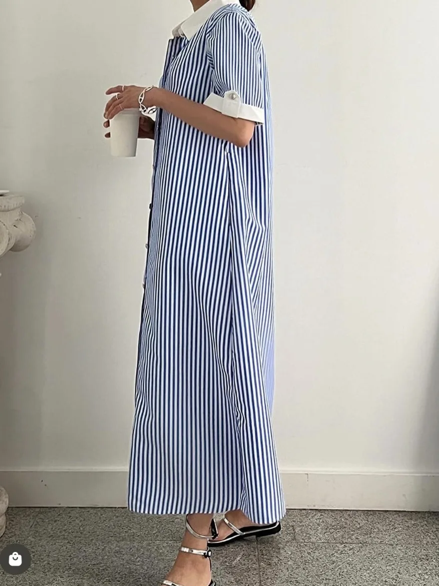 

Женское длинное платье в сине-белую полоску, новинка лета 2025, Ele Feel ort Sve, хлопок, 00% повседневная сцена
